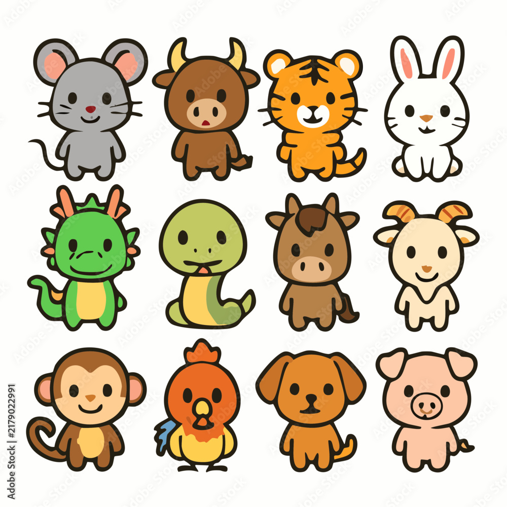 Fototapeta premium Grid of twelve colorful chibi Chinese zodiac animals with thick outlines and friendly expressions. Perfect for Lunar New Year projects or kids educational material.