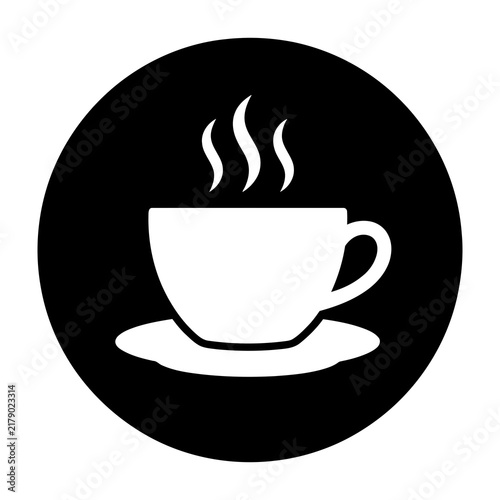 Steaming cup of coffee on saucer icon in black circle graphic symbol
