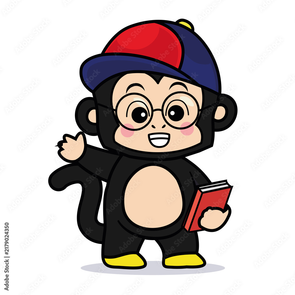Obraz premium Cute Cartoon Monkey Student Mascot Wearing Glasses and Cap Holding a Book and Waving Vector Illustration Isolated on White