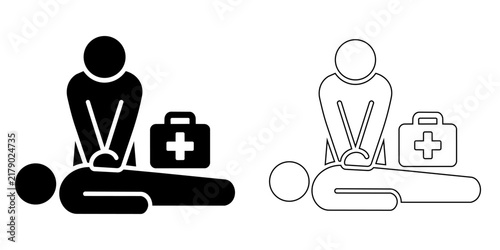 Healthcare icon cpr icon set, medical emergency assistance, person performing chest compressions on a patient with a first aid kit, vector illustration vector illustration editable stroke