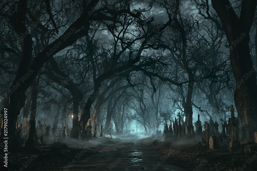 Obraz premium Dark cemetery road disappearing into fog with crooked gravestones and twisted bare trees creating mysterious eerie atmosphere