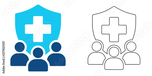 Healthcare icon health insurance icon set, medical protection shield with group of people, vector illustration vector illustration editable stroke