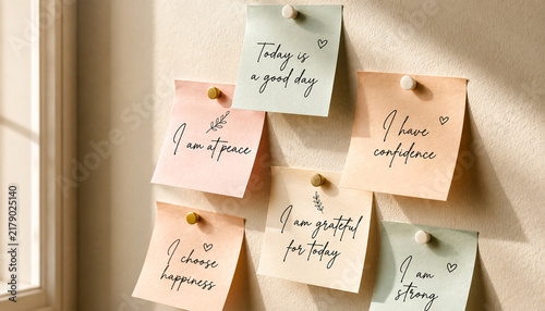 Positive affirmation sticky notes arranged on light colored wall near window