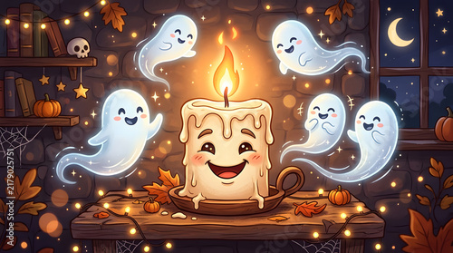 Friendly candle with smiling face surrounded by cheerful ghosts