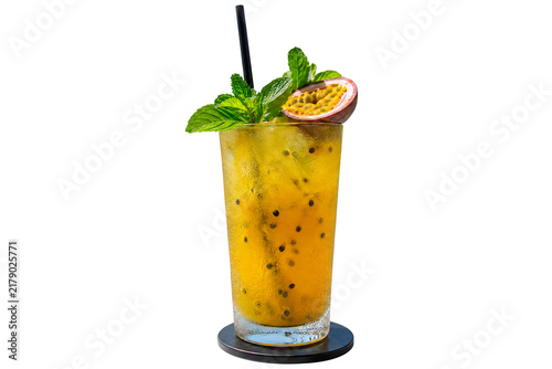 Tropical Passion Fruit Drink With Mint Garnish Served in Tall Glass Cup