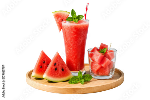 Refreshing Watermelon Juice Drinks With Fresh Watermelon Slices and Mint Garnish Accents