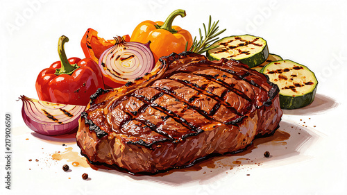 Juicy Grilled Ribeye Steak Served With Vegetables On White Background