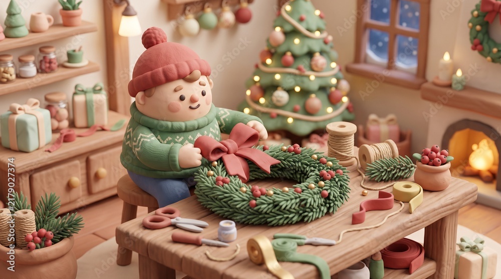 Fototapeta premium Cute 3D character making a festive Christmas wreath in a cozy holiday workshop setting