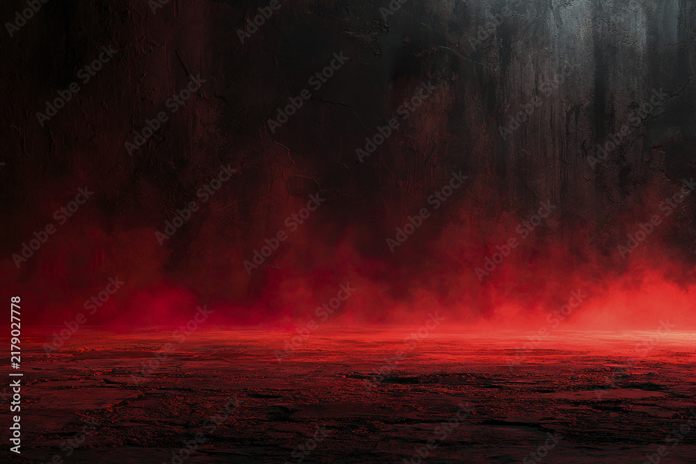 Obraz premium Dark industrial horror background with distressed wall and red smoke creating eerie and intense atmosphere
