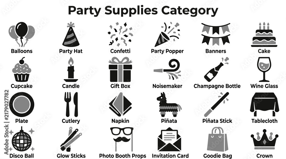 Fototapeta premium Set of party supplies icons featuring celebration items like balloons cake and decorations for festive event planning isolated on white