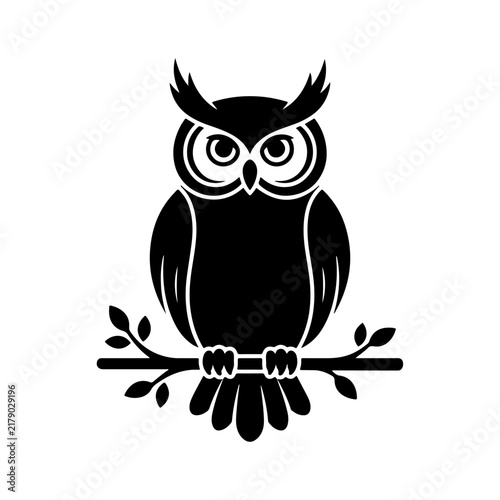 Wise Owl Perched on Branch Vector Silhouette Icon