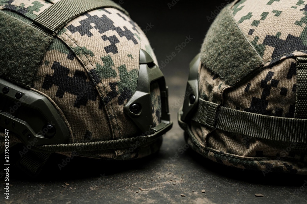 Obraz premium Two tactical helmets with camouflage pattern sit side by side on dark rough surface. Protective headgear for combat or outdoor use. Military or airsoft gear.