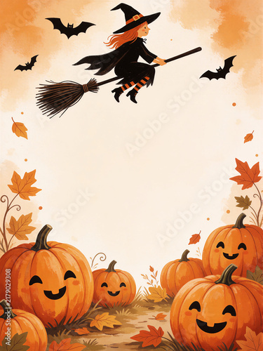 Halloween witch flying on broomstick with pumpkin patch background