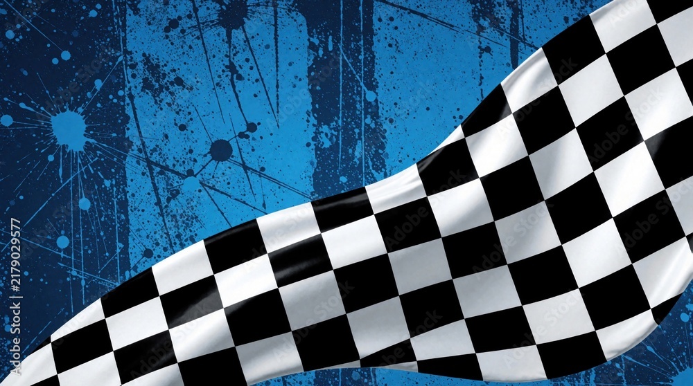 Obraz premium Checkered racing flag waves over grunge blue background with paint splatters. Symbol of victory, speed and competition in motorsport events. Ideal for banners.