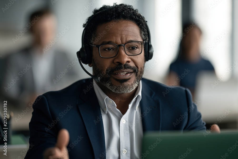 Fototapeta premium A professional man wearing glasses and a headset speaks during a virtual meeting in an office, using a laptop for videoconference or customer support.