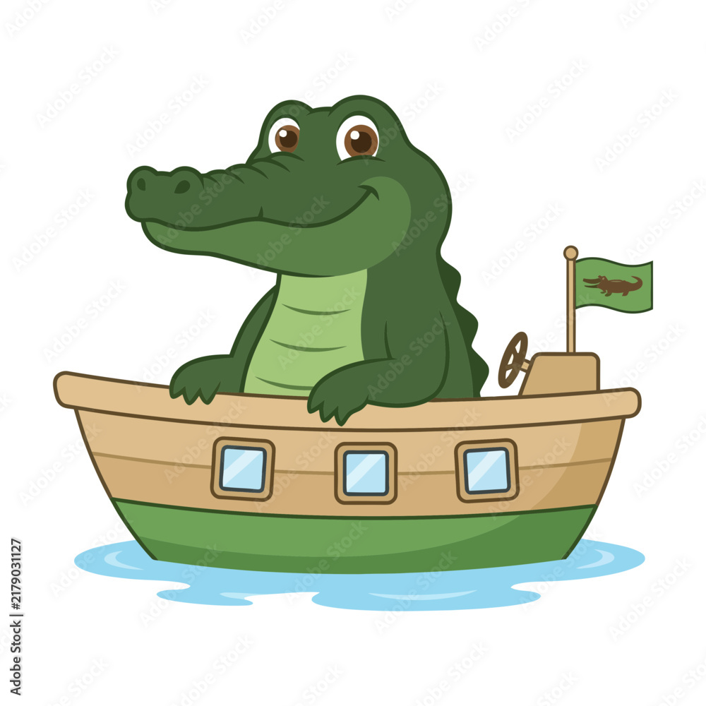 Obraz premium Smiling cartoon alligator sitting in a small wooden boat on water with flag