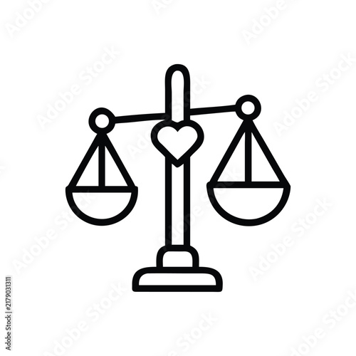 Balance scale icon with heart symbol for ethical AI and fair judgment concept design