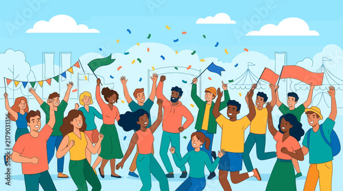 Joyful Diverse Crowd Celebrating With Flags And Confetti
