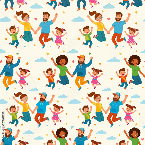 Joyful Diverse Families Jumping Together Seamless Pattern Background