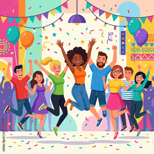 Joyful Diverse Group Celebrates With Confetti And Balloons