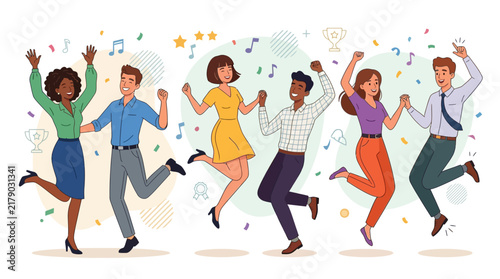 Joyful Diverse Group Celebrates With Dancing And Confetti