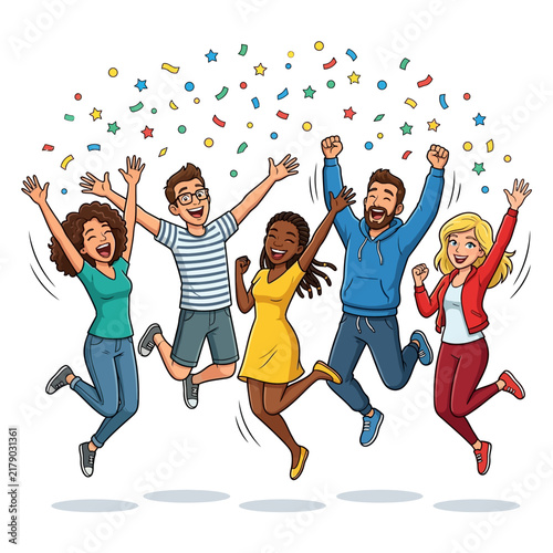 Joyful Diverse Group Celebrates Success With Flying Confetti