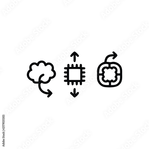 AI evolution and machine learning process outline icons set for technology development.