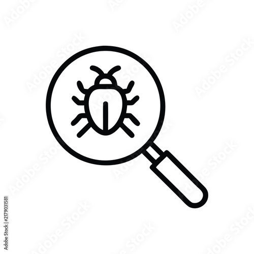 Software bug debugging icon with magnifying glass and beetle symbol for tech development.