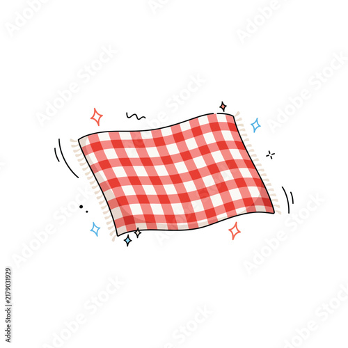 Classic red and white checkered picnic blanket waving in the air, surrounded by sparkling star for a fun outdoor summer dining concept