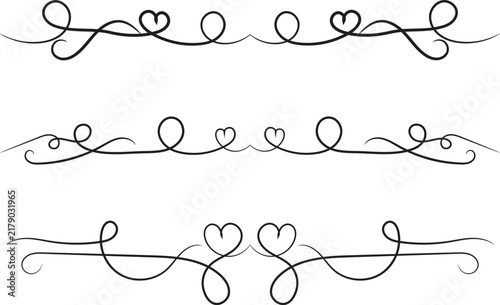 

Filigree curly Calligraphic Heart, Fancy Line Flourishes Swirls hearts, curve romantic love separator, Valentine's Day divider flourish Swirl, Calligraphy Flourish lettering header hearts scroll
