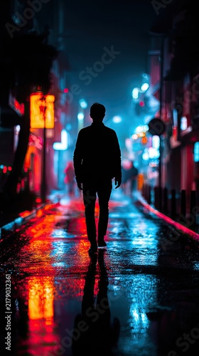 Person walking city night rain reflection