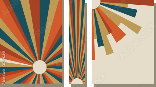 Retro abstract sunburst design elements for a complete book cover set, suitable for front, back, and spine layouts.