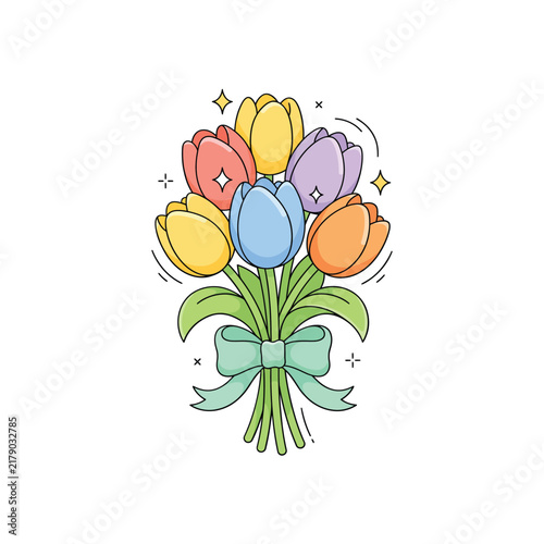 Festive spring tulip bouquet featuring multi-colored flowers and a light blue ribbon bow with sparkling stars on white background