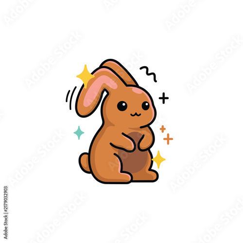 Cute brown bunny rabbit character in a sitting pose with long ears and sparkling stars on a clean white background