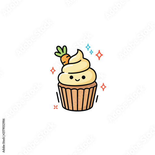 Cute carrot cupcake with creamy frosting and tiny carrot topping for bakery branding and sweet dessert themed