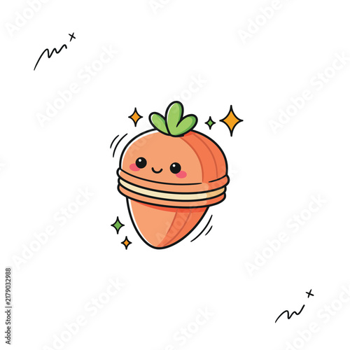 Cute cartoon carrot macaron with smiling face and sparkling stars for bakery branding and sweet dessert themed projects