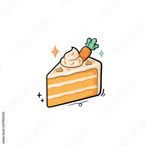 Delicious carrot cake slice with creamy frosting and carrot topping for bakery branding and sweet dessert themed projects
