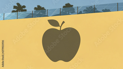 Minimalist graphic illustration of an apple silhouette on a yellow wall with palm trees, ideal for digital design, modern art and lifestyle branding