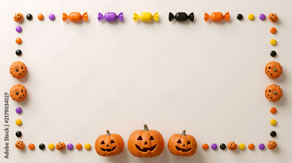 Fototapeta premium Halloween frame from plastic pumpkins and candies, orange, white background, flat lay for copy space