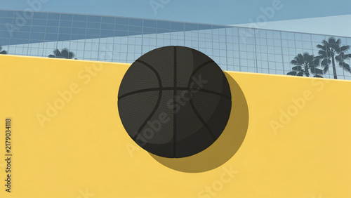 Minimalist vector illustration of a dark basketball against a yellow wall and blue sky, ideal for sports posters, fitness branding and urban design