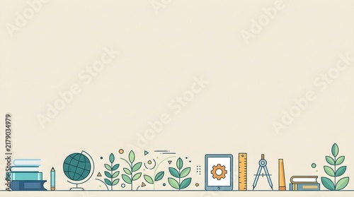 A minimal educational background featuring a bottom border with school and science icons, books, and plants, set against a light beige surface with copy space.