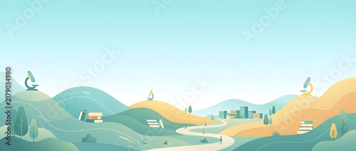 An educational landscape background with rolling hills, microscopes, books, a winding road, and a distant city, under a wide open sky with copy space.