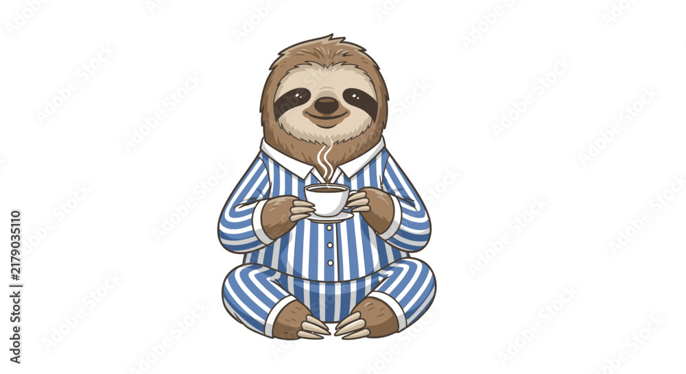 Fototapeta premium Cute sloth wearing pajamas and holding a cup of hot coffee
