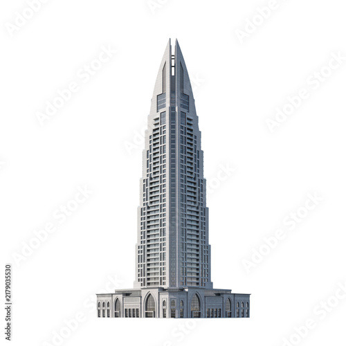 Tall pointed skyscraper with multiple windows and arched base architectural structure isolated on a transparent background