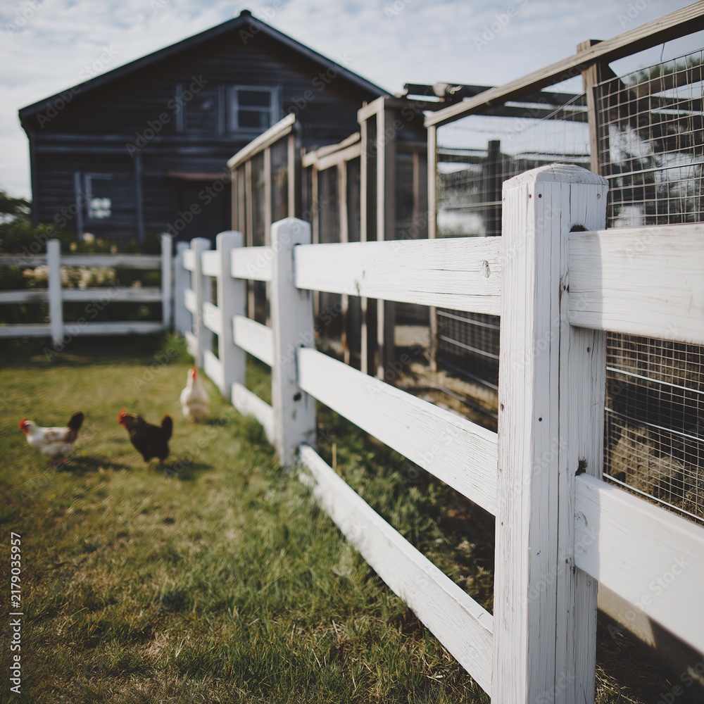 Fototapeta premium Rustic White Wooden Fence with Chickens in Farmyard Setting