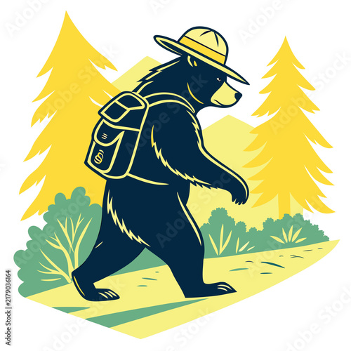 A cartoon illustration of a black bear wearing a ranger hat with wearing wide brimmed backpack walks along forest yellow trees stylized black