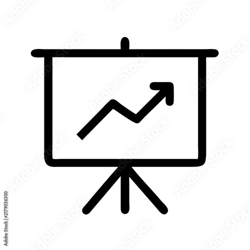 A minimal black line icon of a presentation board with a rising growth chart arrow with stand with outline icon depicting, simple black, communication