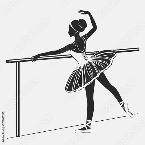 A black silhouette of a graceful ballerina practicing a dance pose at a ballet barre with horizontal practice barre silhouette female dancer