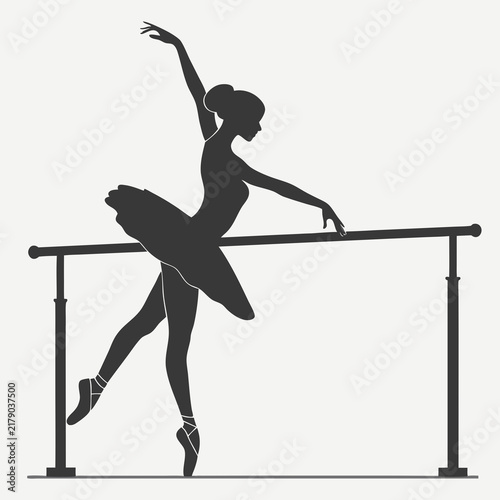 A black silhouette of a graceful ballerina practicing a dance pose at a ballet barre with against plain background holding onto horizontal female ballet dancer