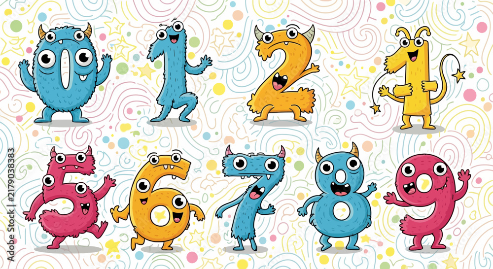 Fototapeta premium Cute cartoon monster numbers collection for kids education